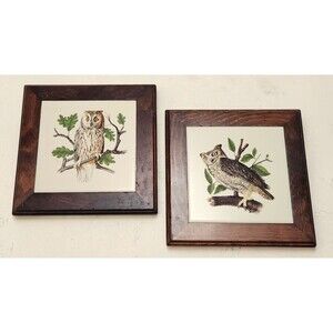 Vintage Three Mountaineers Wood Framed Mid State Creamic Owl Plaques/Trivets